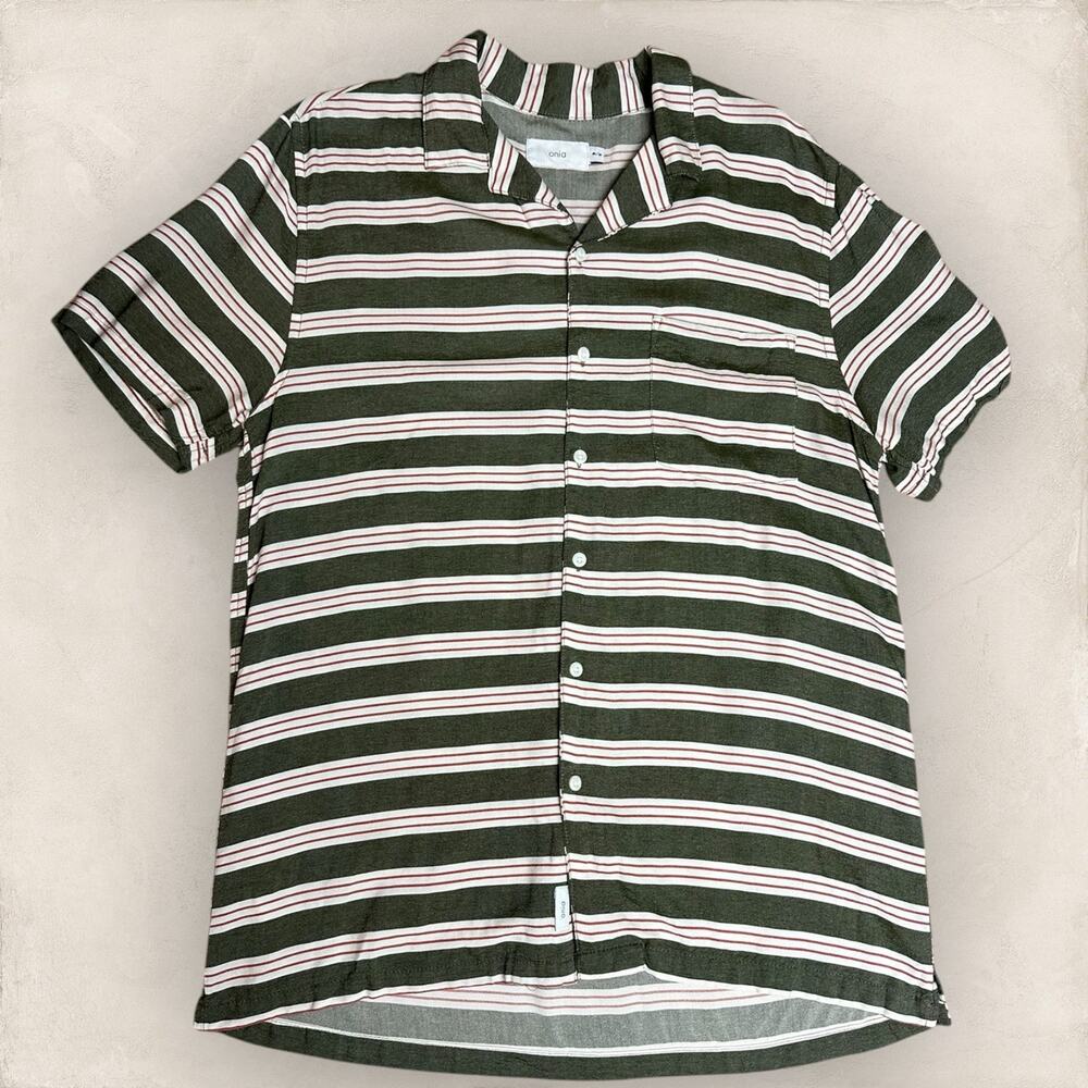 Onia Shirt Mens M Green Stripe Camp Collar Short Sleeve Casual Pocket medium